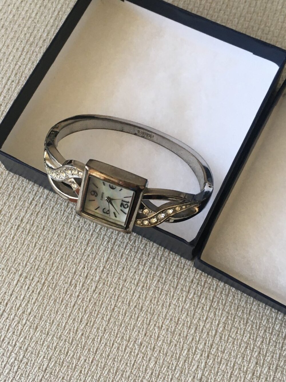 Vintage Rhinestone Trimmed Silver Plate Watch on Hinge Bracelet
